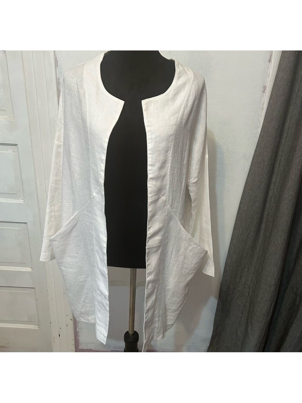 Garnet Hill Women's White 100% Linen Lagenlook  Resort Open Front Jacket Sz XS/S